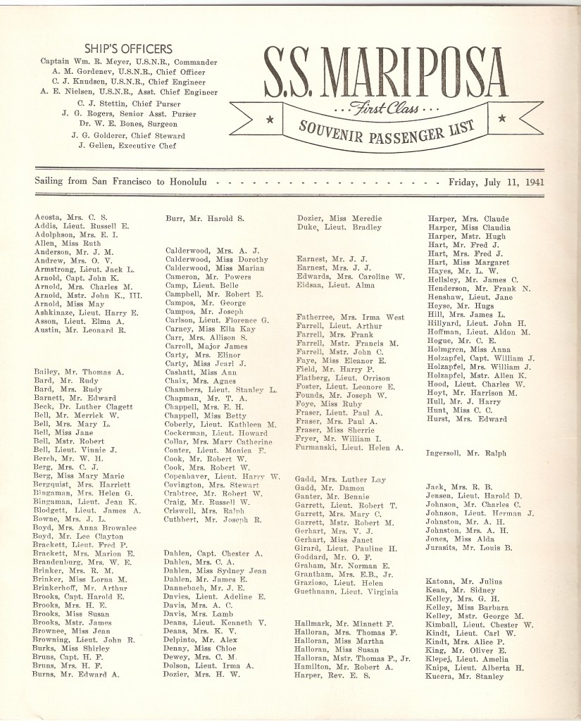 Mariposa Passenger List July 11 1941